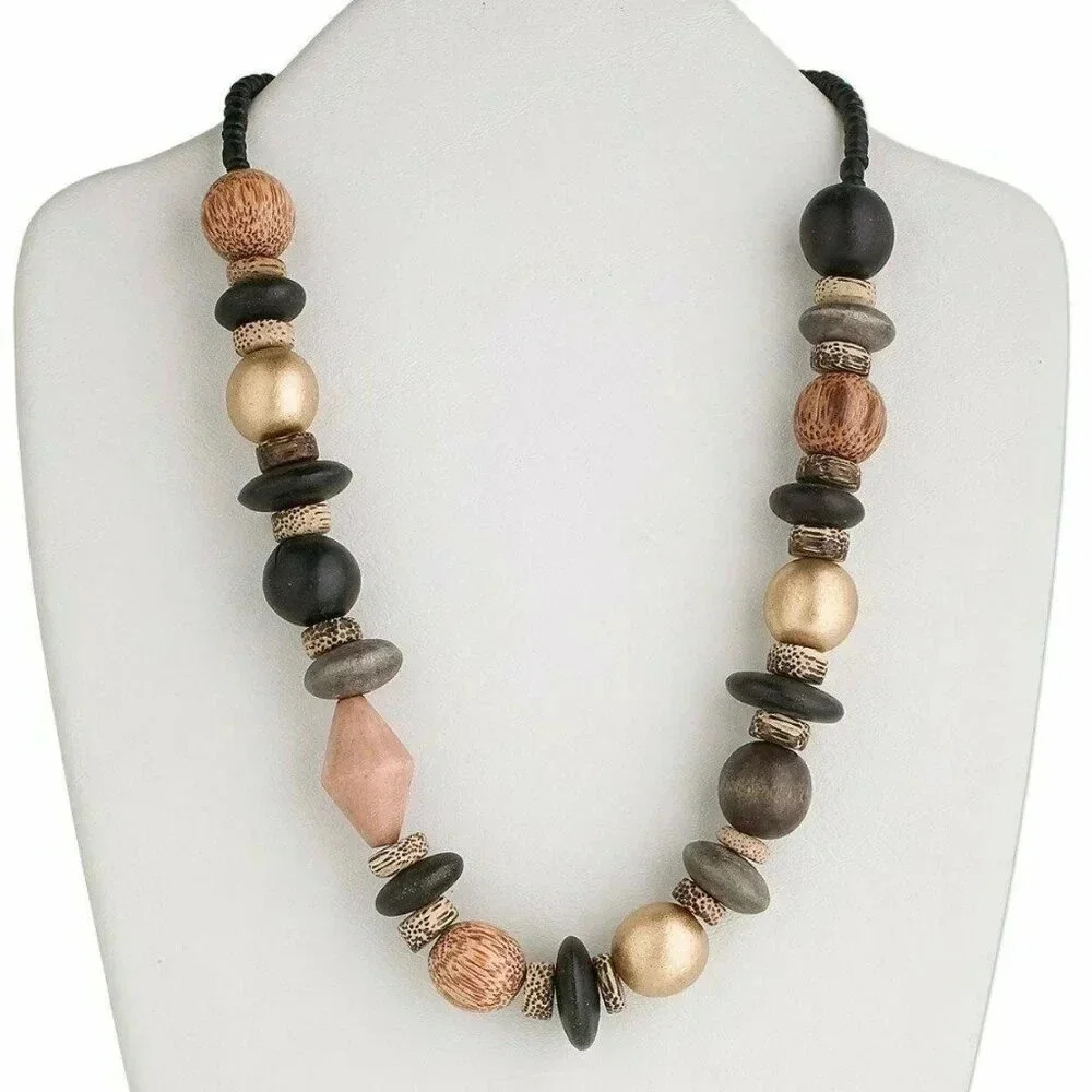 Handmade Mid Century Vibe Earthy Black Brown Wood & Coco Shell Necklace